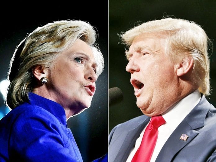 (COMBO) This combination of pictures created on November 03, 2016 shows US Democratic presidential nominee Hillary Clinton in Tempe, Arizona, on November 2, 2016 and US Republican Presidential nominee Donald Trump in Warren, Michigan on October 31, 2016. Just five days before the bitter presidential campaign comes to a head a new poll on November 3, 2016 showed a tightening race, with Hillary Clinton's edge over Donald Trump shrinking and few voters saying they remain undecided. The New York Times/CBS News poll showed the Democratic White House hopeful with 45 percent to her Republican rival's 42, a three-point lead that had diminished from the more comfortable nine-point margin she had weeks earlier. / AFP PHOTO / JEWEL SAMAD AND JEFF KOWALSKY